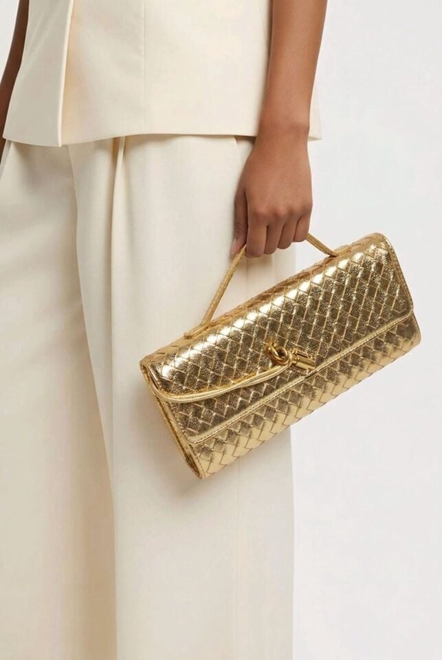 Örgü detaylı gold pim tokalı el ve kol çantası