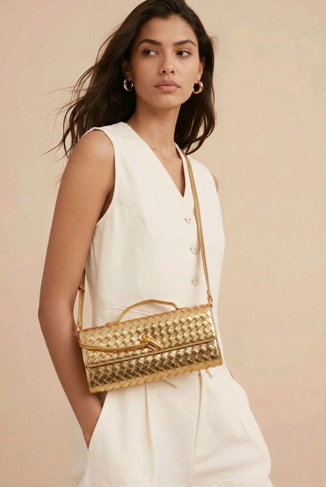 Örgü detaylı gold pim tokalı el ve kol çantası
