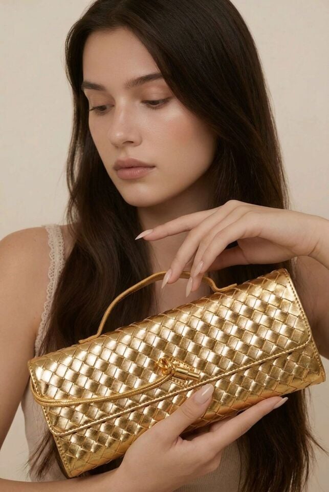 Örgü detaylı gold pim tokalı el ve kol çantası