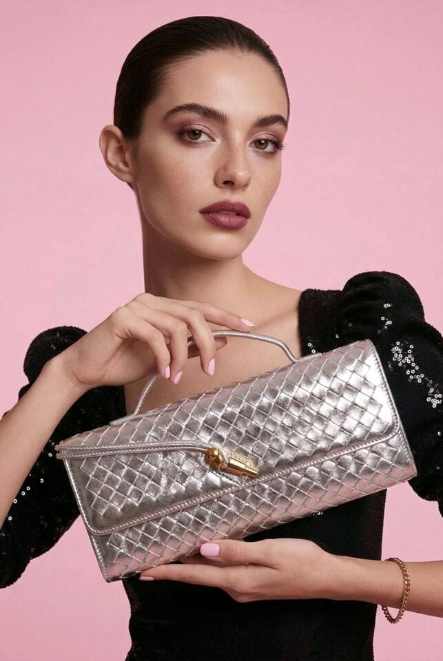 Örgü detaylı gold pim tokalı el ve kol çantası