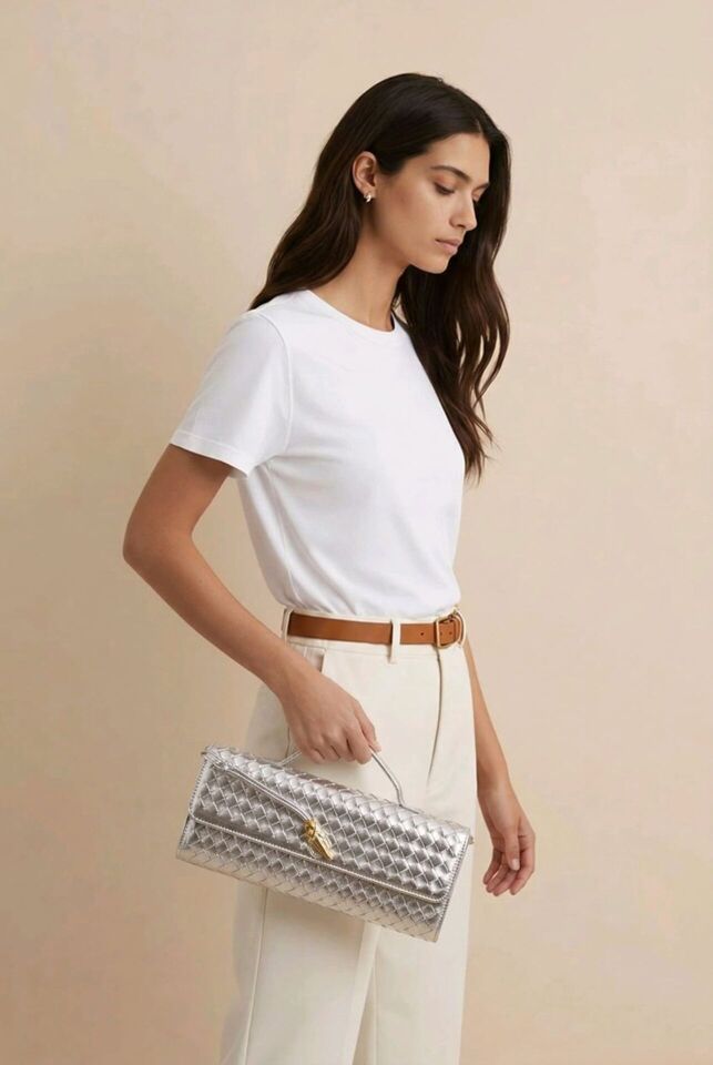 Örgü detaylı gold pim tokalı el ve kol çantası