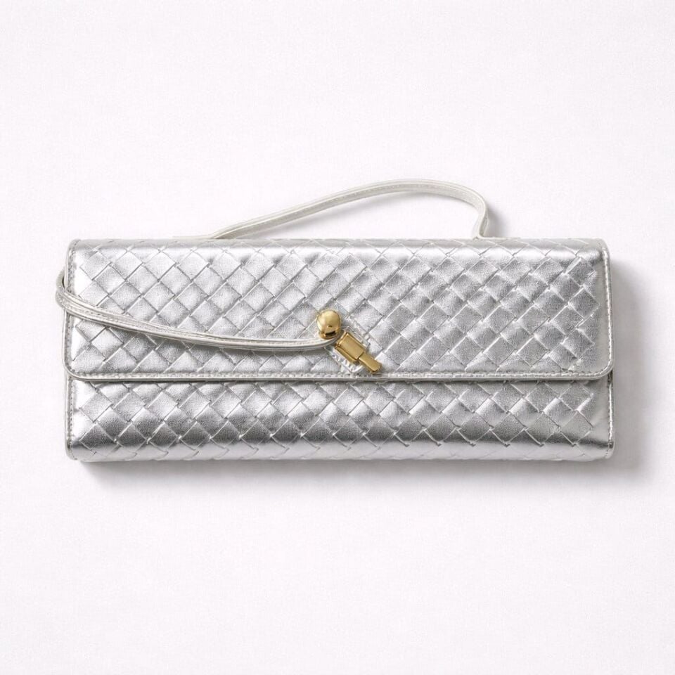 Örgü detaylı gold pim tokalı el ve kol çantası