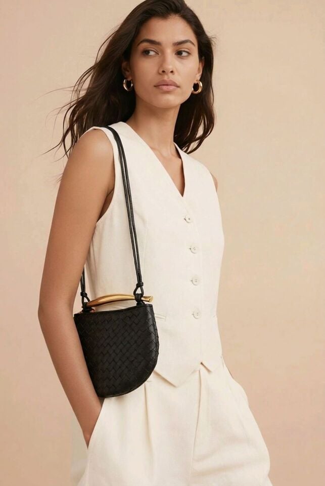 Siyah El örgüsü İthal Gold Tutma Saplı Çanta