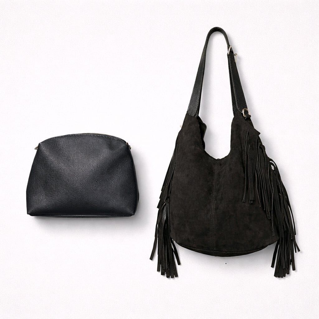 HAKİKİ SÜET PÜSKÜL DETAYLI SİYAH EL VE KOL ÇANTASI