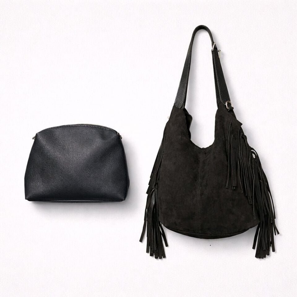 HAKİKİ SÜET PÜSKÜL DETAYLI SİYAH EL VE KOL ÇANTASI