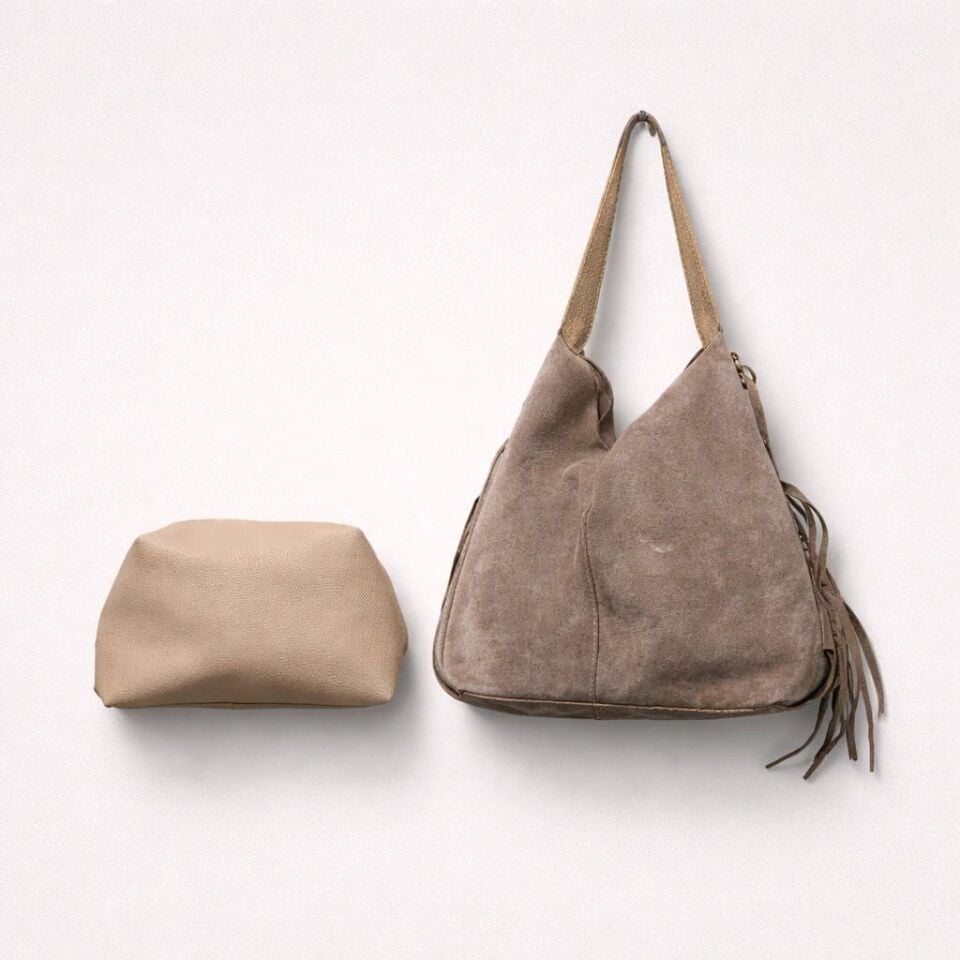 HAKİKİ SÜET PÜSKÜL DETAYLI VİZON EL VE KOL ÇANTASI