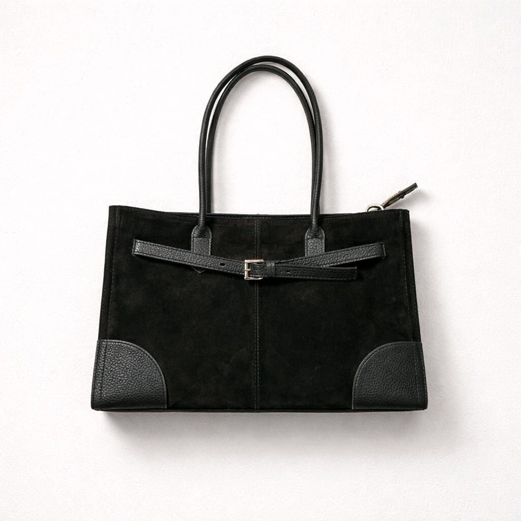 SİYAH KEMER DETAYLI HAKİKİ SÜET DERİ EL KOL ÇANTASI