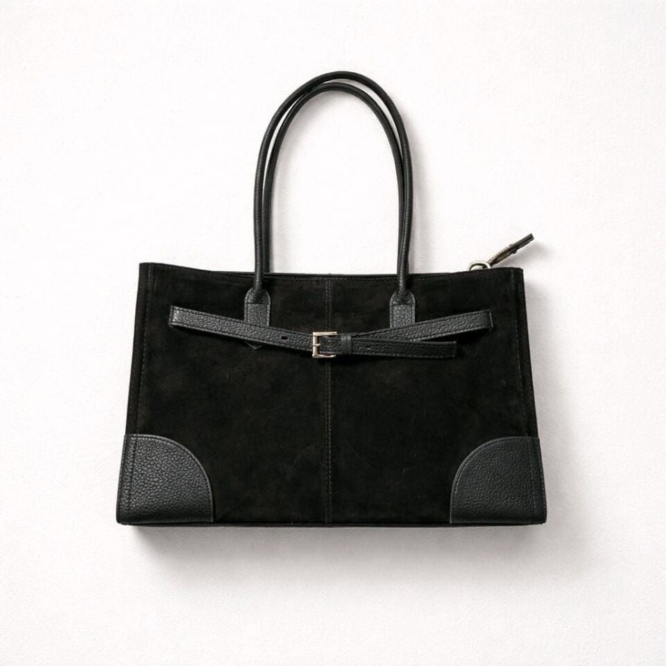 SİYAH KEMER DETAYLI HAKİKİ SÜET DERİ EL KOL ÇANTASI