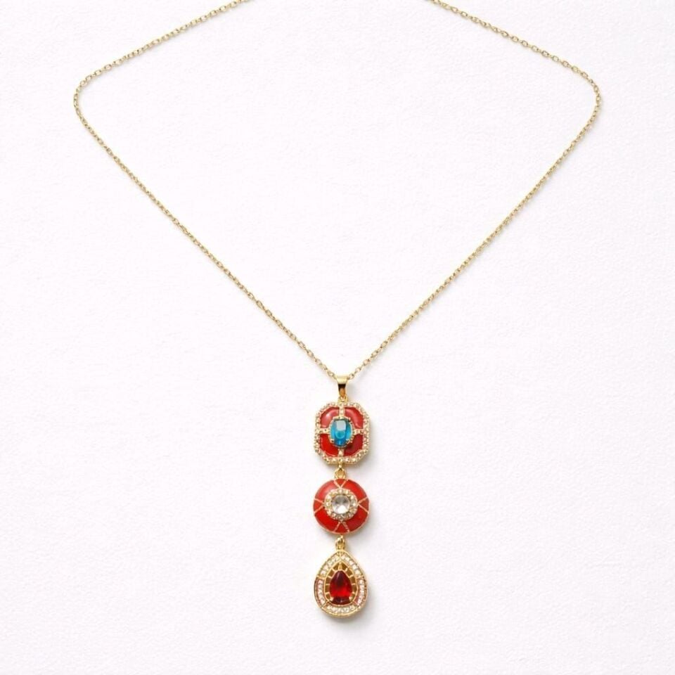 KIRMIZI MİNELİ  GOLD ÇELİK KOLYE