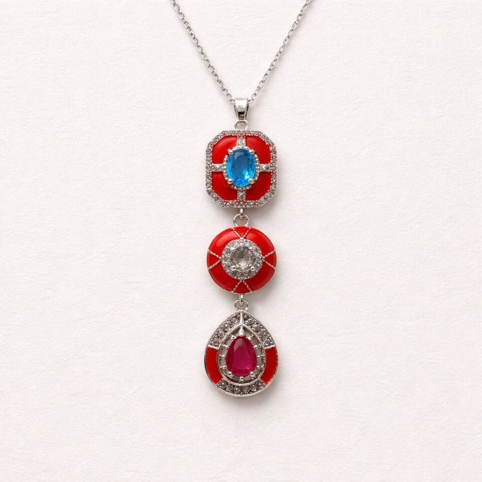 KIRMIZI MİNELİ GÜMÜŞ ÇELİK KOLYE