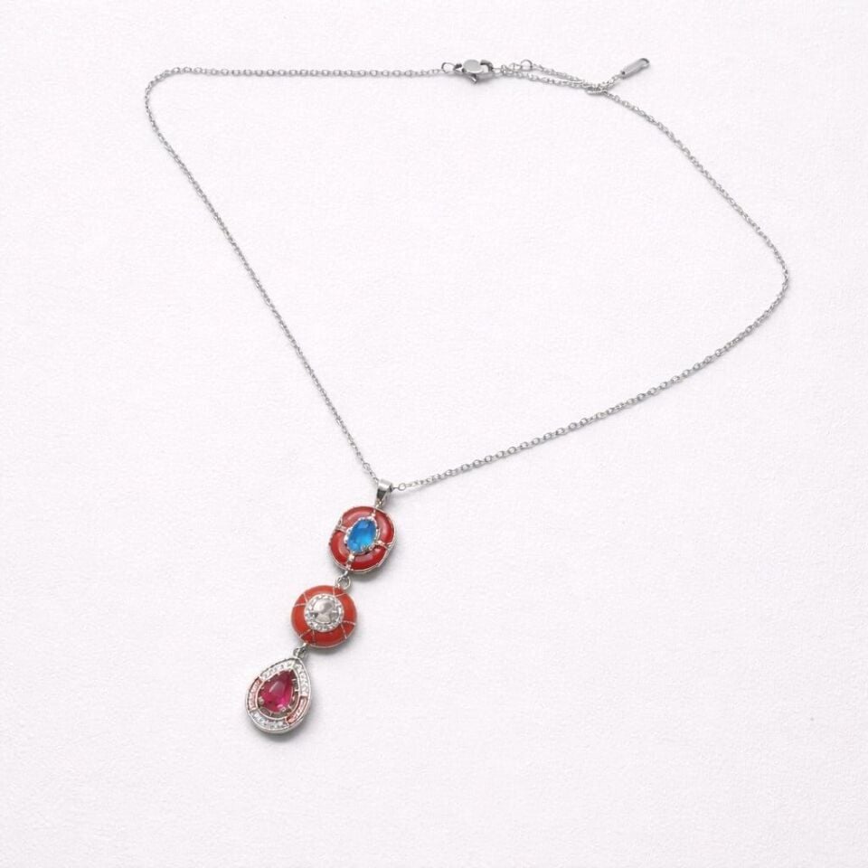 KIRMIZI MİNELİ GÜMÜŞ ÇELİK KOLYE