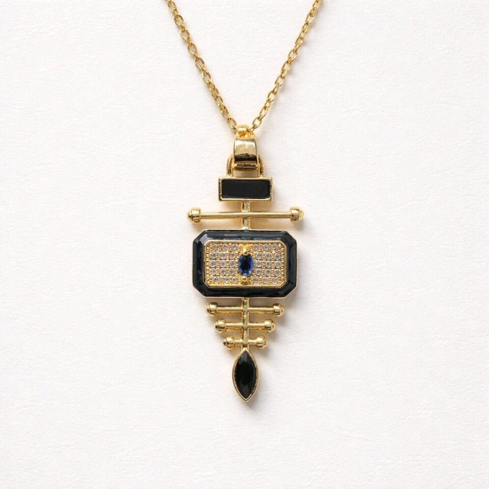 SİYAH MİNELİ VİNTAGE GOLD KOLYE