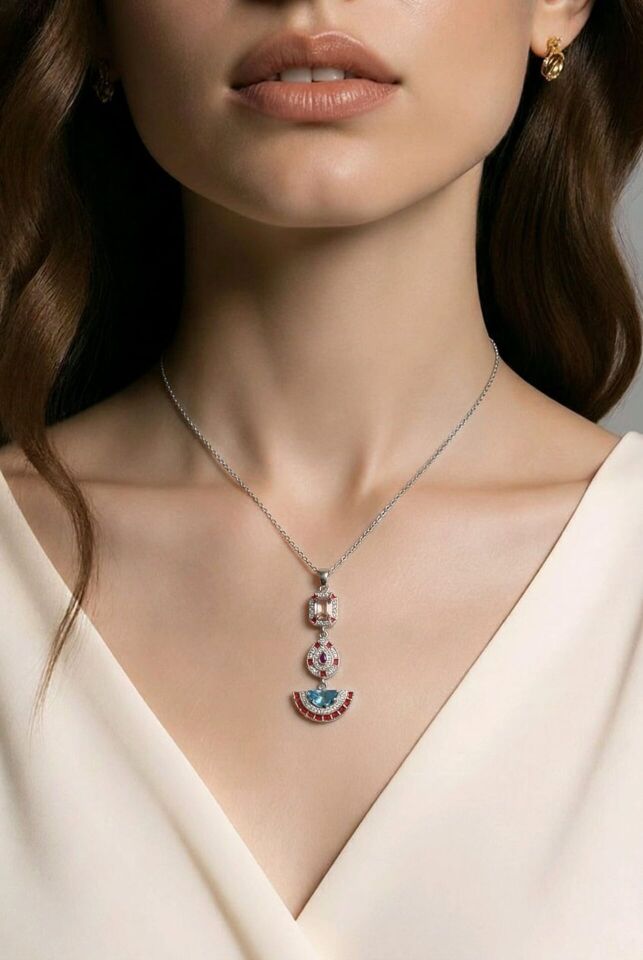 RENKLİ TAŞLI SALLANTILI GÜMÜŞ ÇELİK KOLYE
