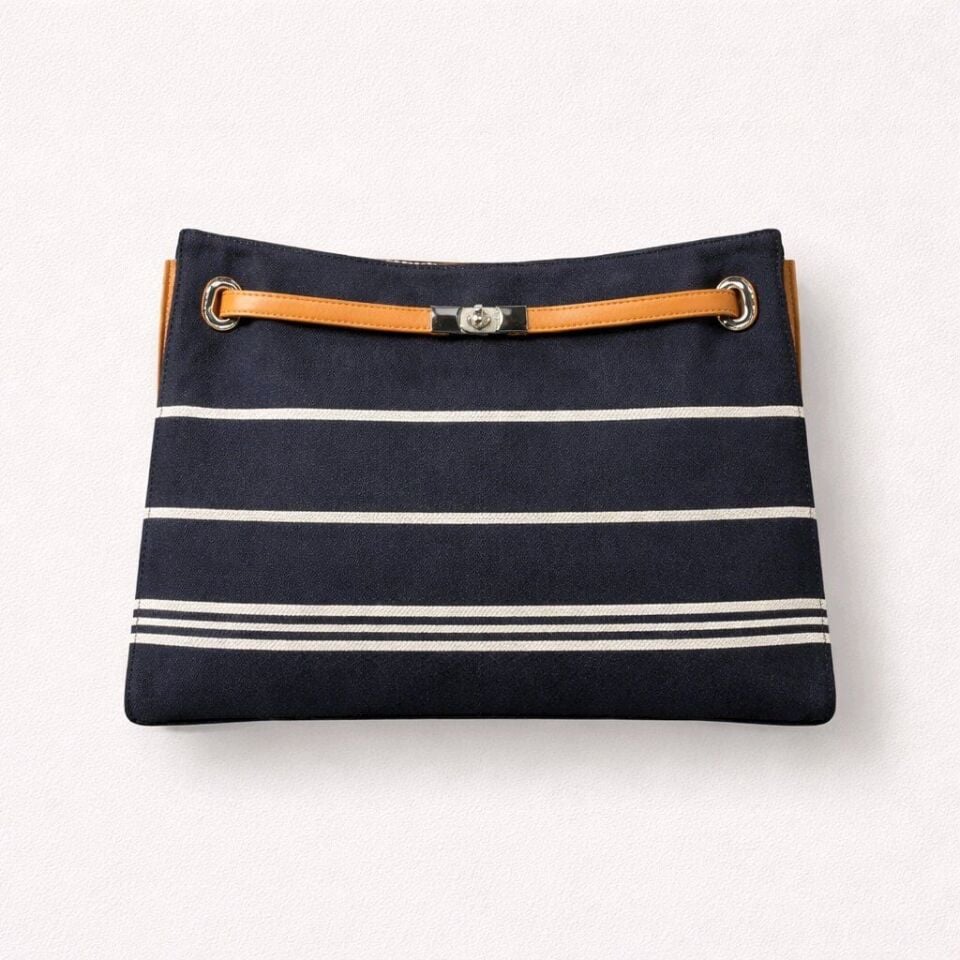 LACİVERT BEYAZ ÇİZGİLİ  GÖVDE, TABA RENGİ DETAYLARA SAHİP ÇANTA