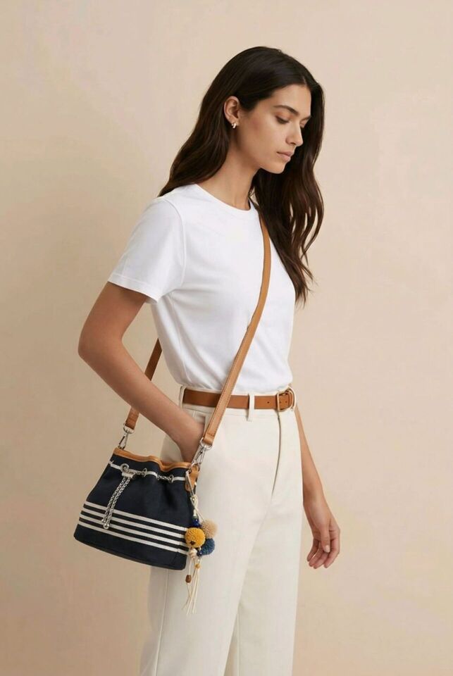 LACİVERT BEYAZ ÇİZGİLİ GÖVDE, TABA RENGİ DETAYLARA SAHİP ZİNCİR DETAYI İLE BÜZGÜLÜ ÇANTA