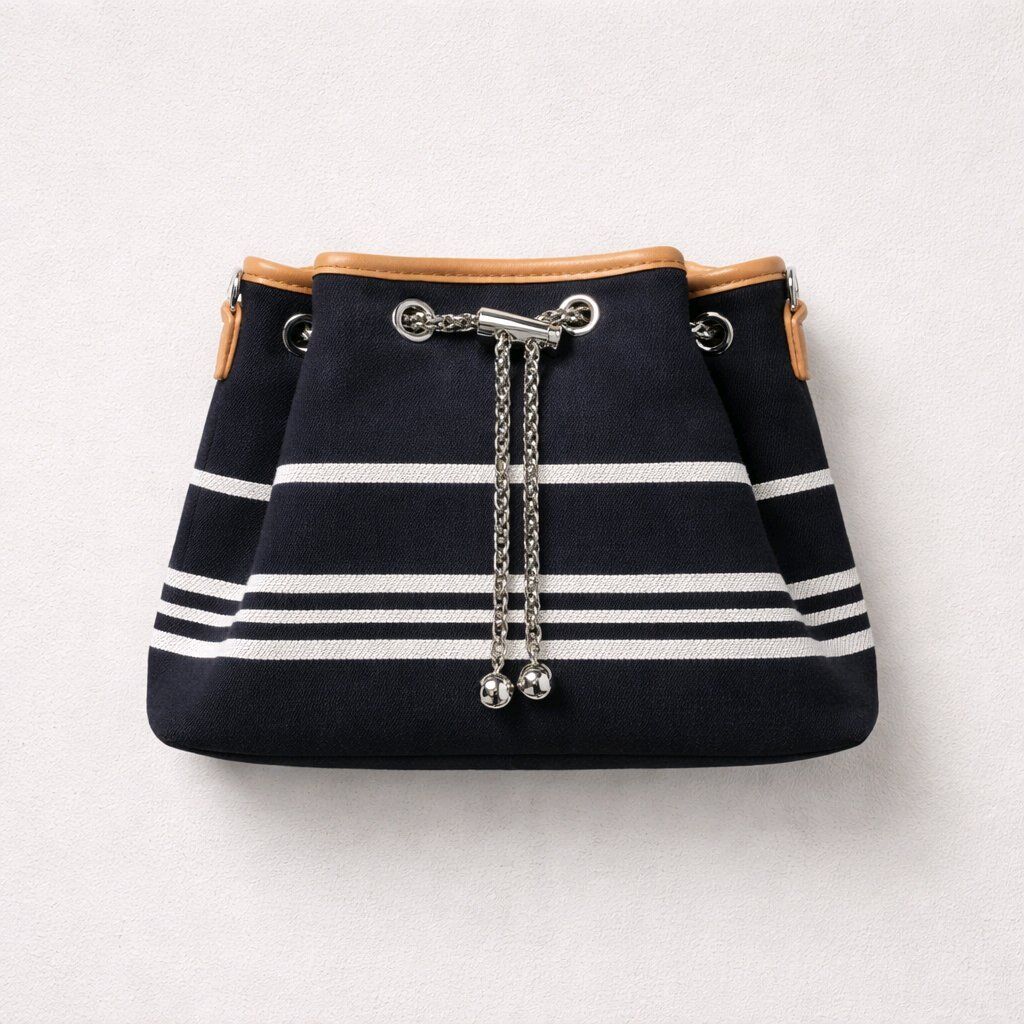 LACİVERT BEYAZ ÇİZGİLİ GÖVDE, TABA RENGİ DETAYLARA SAHİP ZİNCİR DETAYI İLE BÜZGÜLÜ ÇANTA