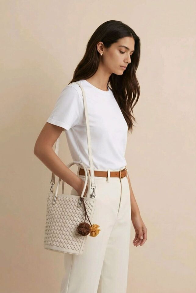 AÇIK KREM ÖRGÜ TASARIMA SAHİP KISA SAPLI ÇANTA