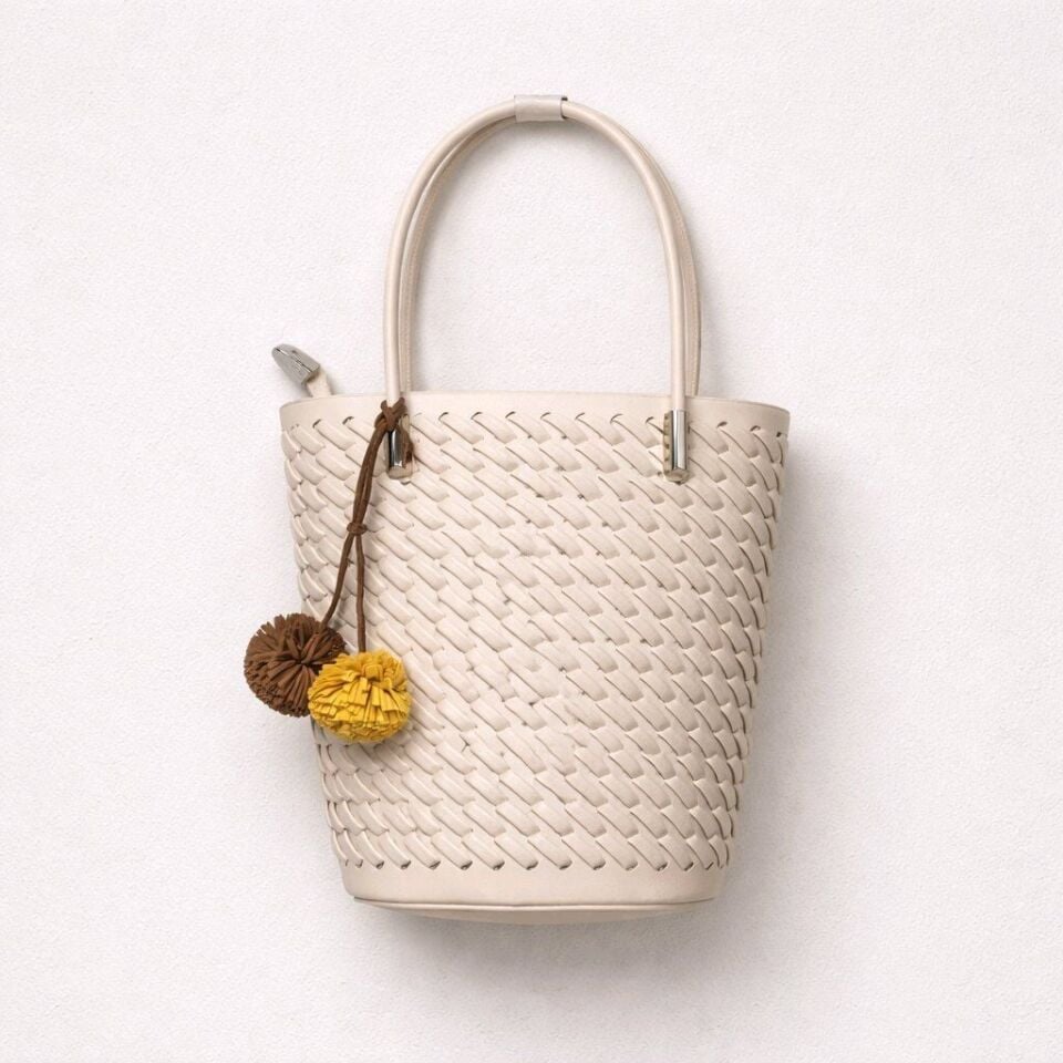 AÇIK KREM ÖRGÜ TASARIMA SAHİP KISA SAPLI ÇANTA