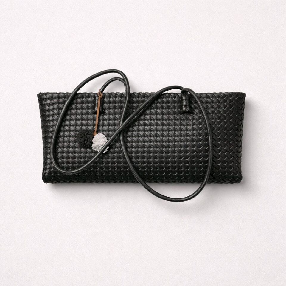 SİYAH ÖRGÜ DETAYLI UZUN SAPLI ÇANTA