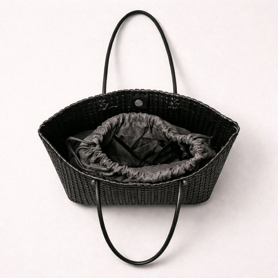 SİYAH ÖRGÜ DETAYLI UZUN SAPLI ÇANTA