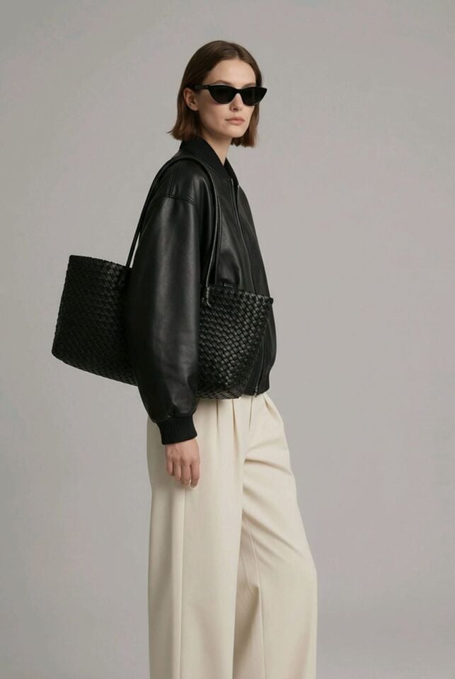 SİYAH ÖRGÜ DETAYLI UZUN SAPLI ÇANTA