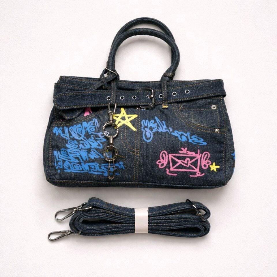 GRAFİTTİ DESENLİ KOT KUMAŞ EL VE OMUZ ÇANTASI