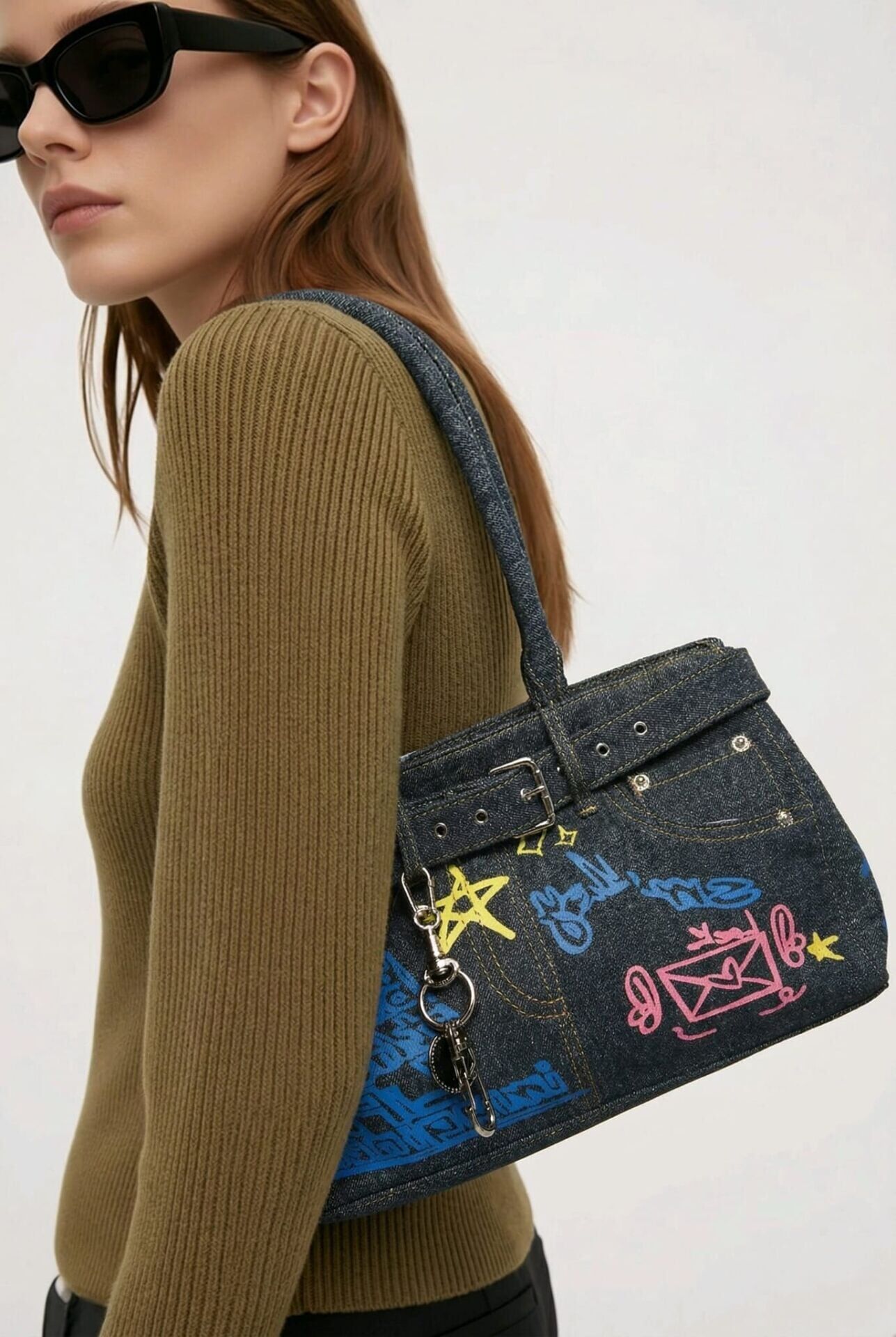 GRAFİTTİ DESENLİ KOT KUMAŞ EL VE OMUZ ÇANTASI