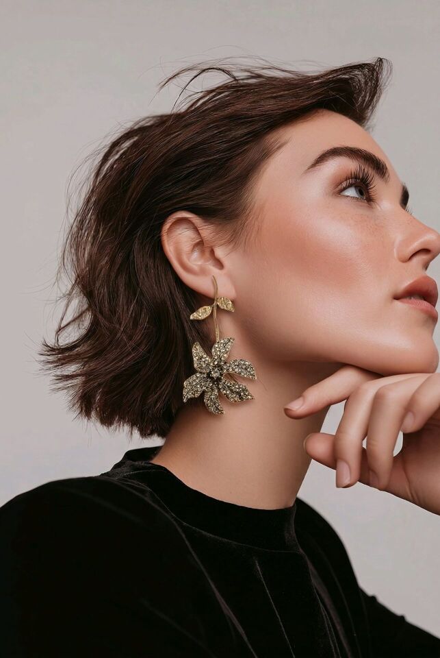 GOLD  ZEMİNDE TAŞLI SALLANTILI ÇİÇEK KÜPE