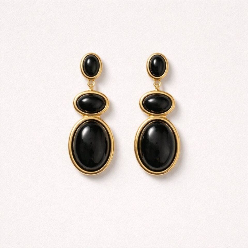 SİYAH MİNELİ ÜÇLÜ OVAL TASARIM GOLD KÜPE