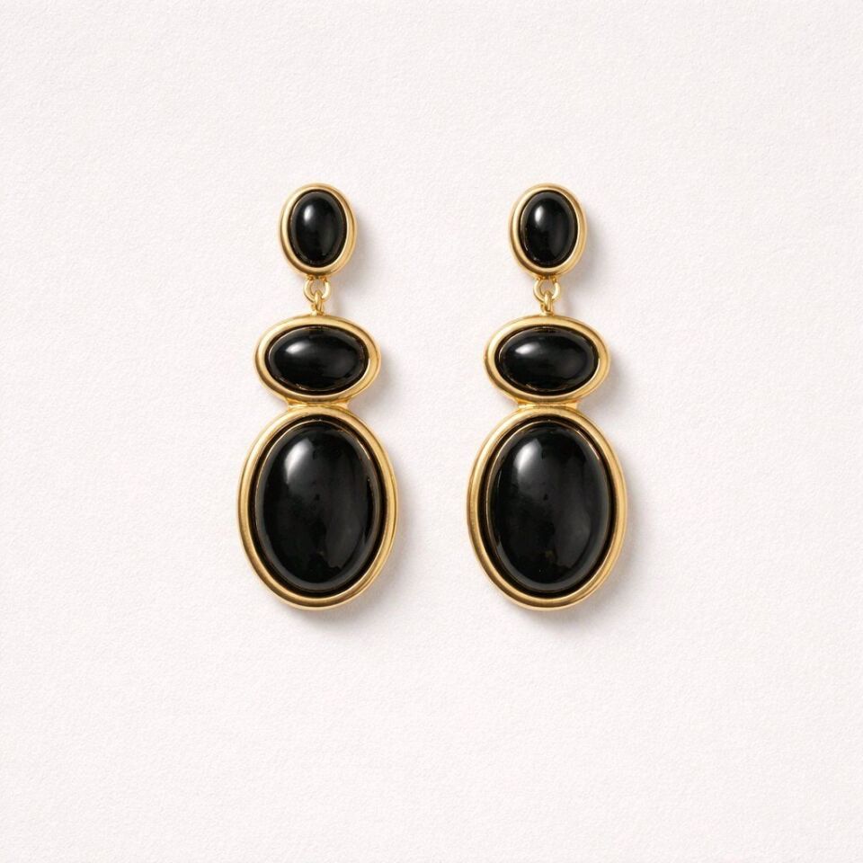 SİYAH MİNELİ ÜÇLÜ OVAL TASARIM GOLD KÜPE