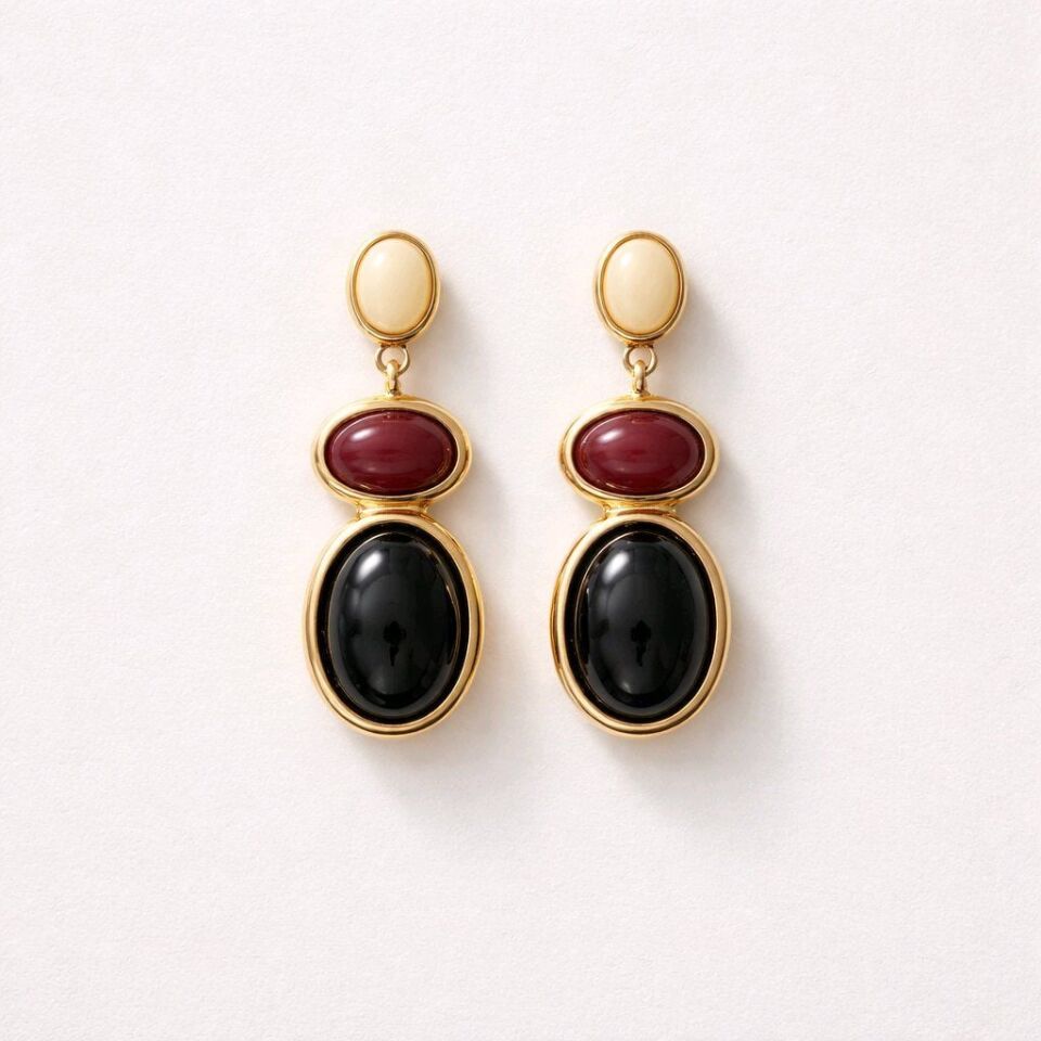SİYAH  BORDO KREM MİNELİ ÜÇLÜ OVAL TASARIM GOLD KÜPE