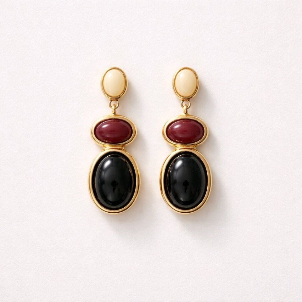 SİYAH  BORDO KREM MİNELİ ÜÇLÜ OVAL TASARIM GOLD KÜPE