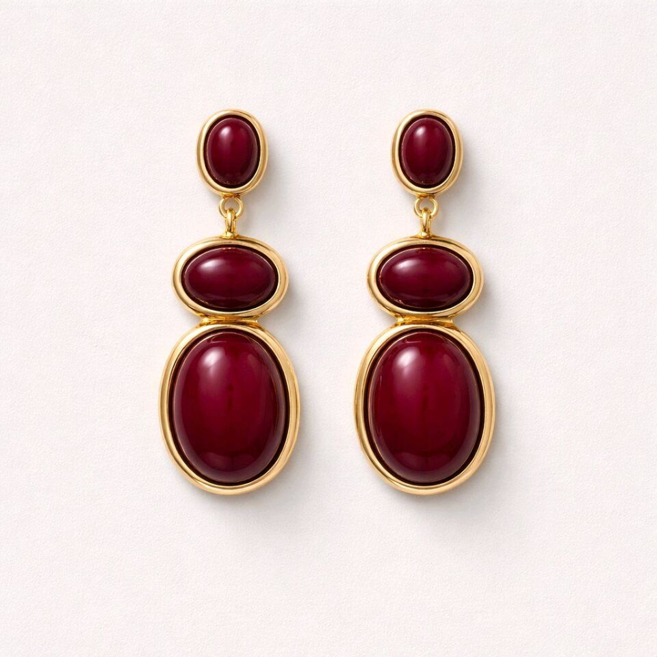 BORDO MİNELİ ÜÇLÜ OVAL TASARIM GOLD KÜPE