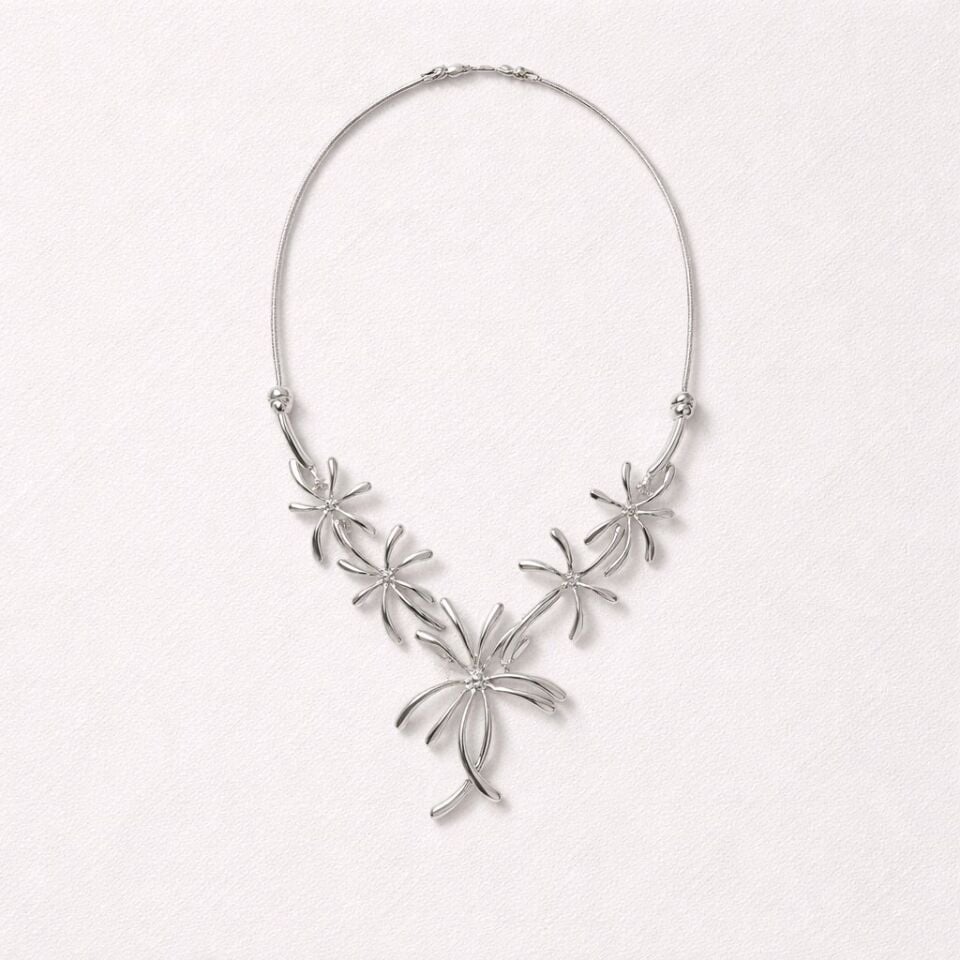 GÜMÜŞ RENGİNDE ZARİF VE TROPİKAL TEMALI PALMİYE AĞACI KOLYE