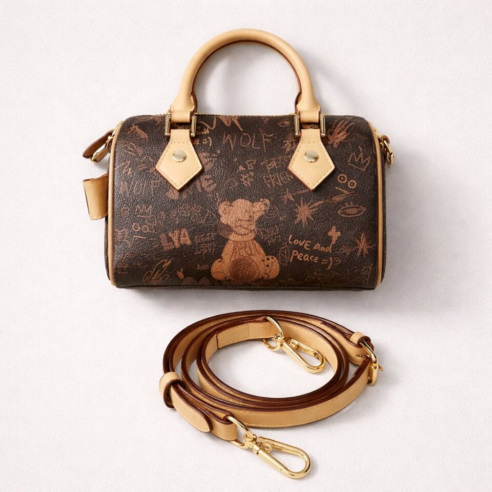 KÜÇÜK KAHVERENGİ AYICIK FİGÜRLÜ VE GRAFİKLİ EL KOL ÇANTASIDIR