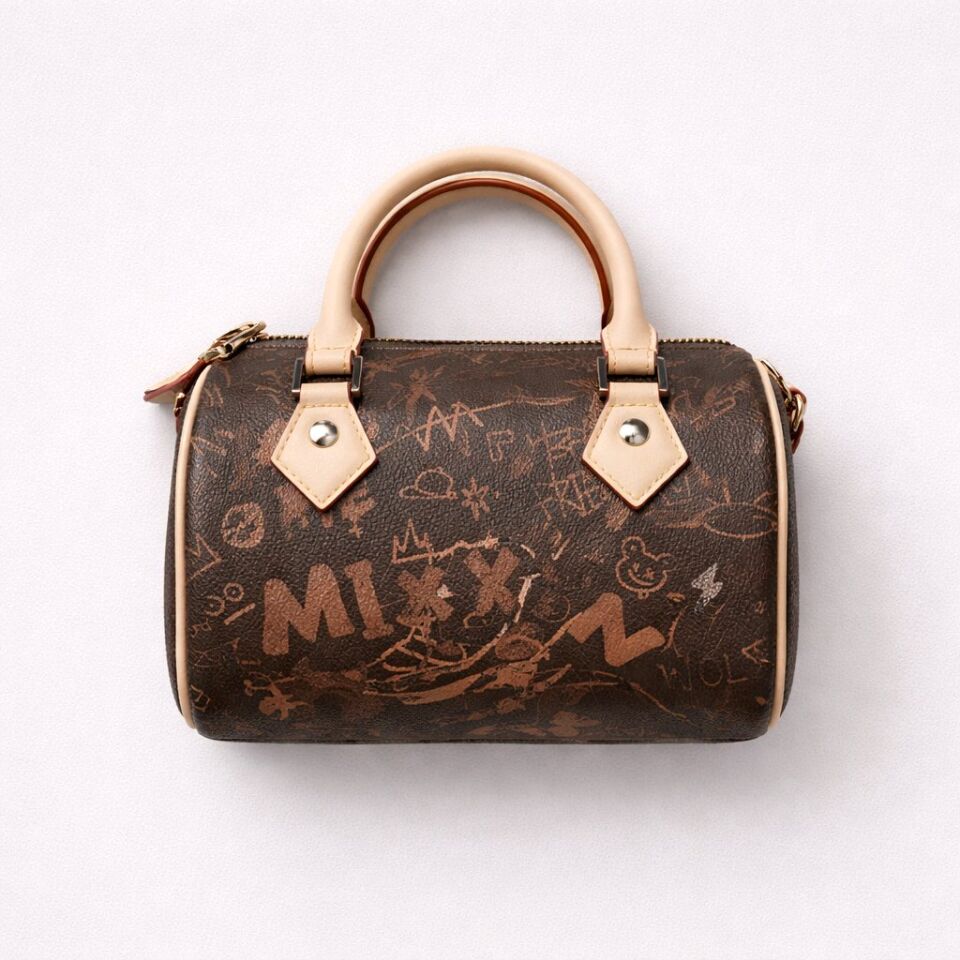 KÜÇÜK KAHVERENGİ AYICIK FİGÜRLÜ VE GRAFİKLİ EL KOL ÇANTASIDIR