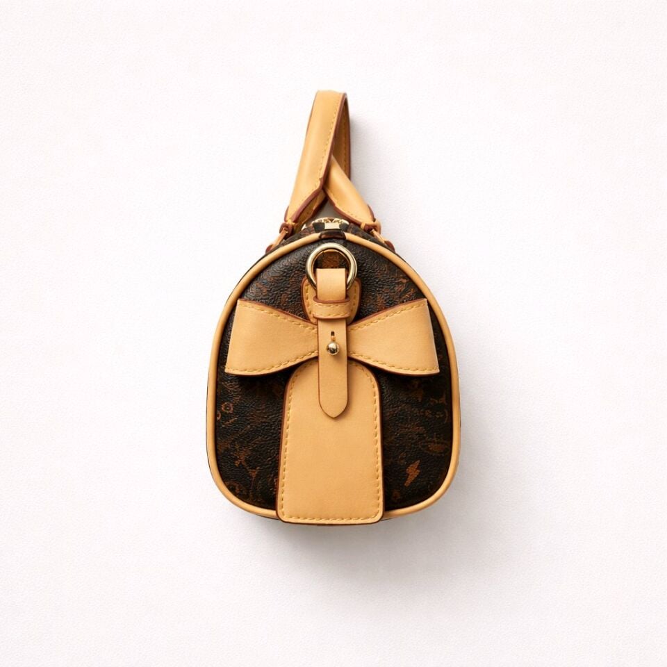 KÜÇÜK KAHVERENGİ AYICIK FİGÜRLÜ VE GRAFİKLİ EL KOL ÇANTASIDIR