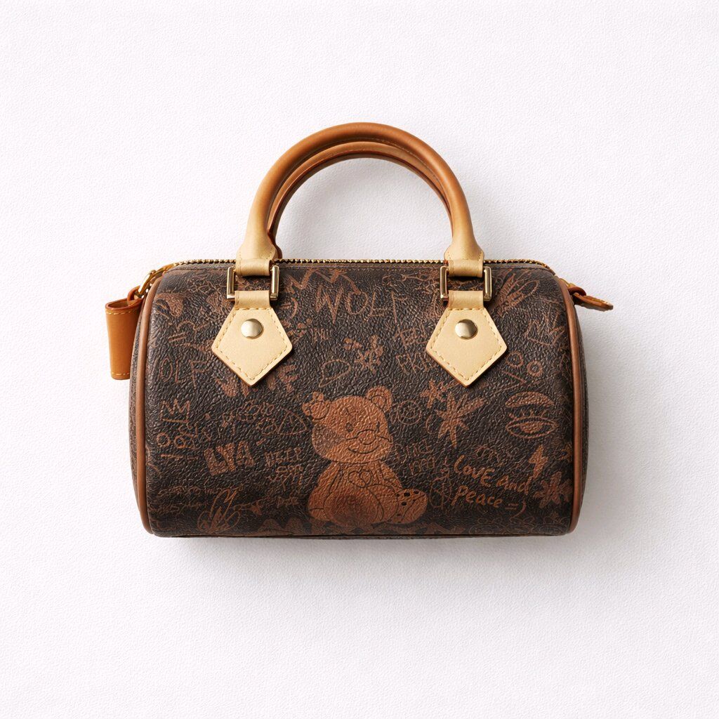 KÜÇÜK KAHVERENGİ AYICIK FİGÜRLÜ VE GRAFİKLİ EL KOL ÇANTASIDIR