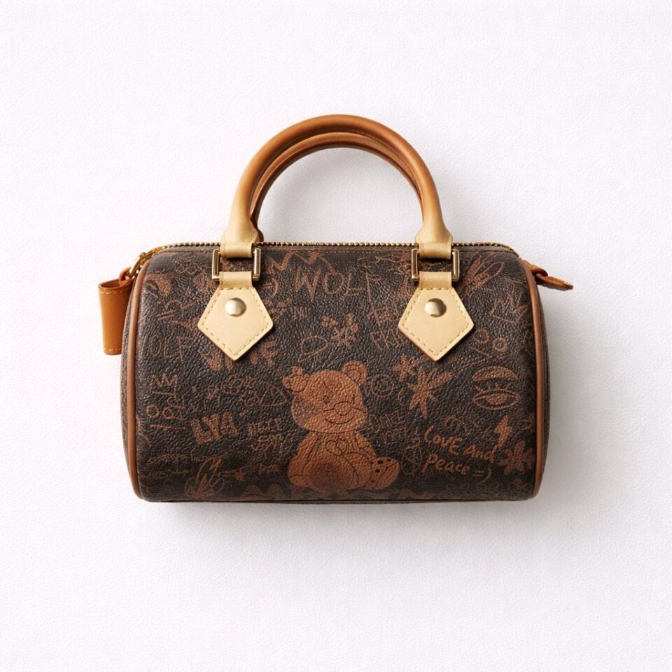 KÜÇÜK KAHVERENGİ AYICIK FİGÜRLÜ VE GRAFİKLİ EL KOL ÇANTASIDIR