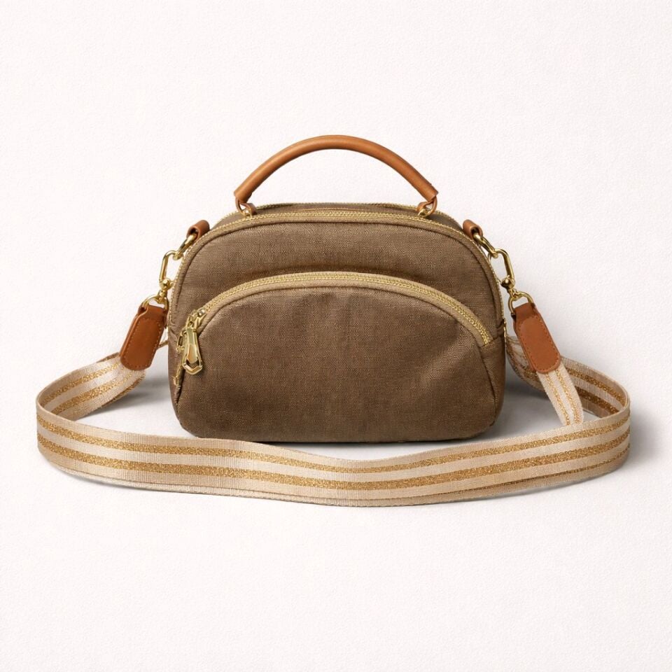 ÇOK BÖLMELİ ZEYTİN YEŞİLİ/ HAKİ TONLARINDA KUMAŞ EL VE KOL ÇANTASI