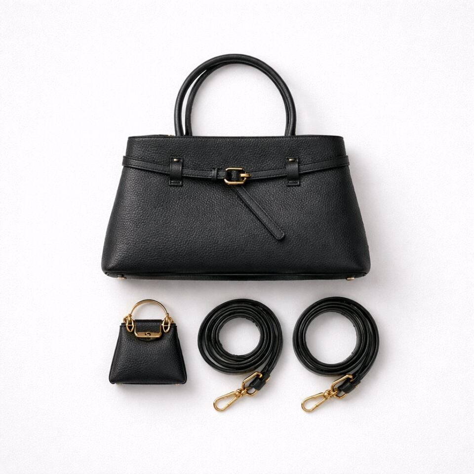 KEMER DETAYLI  İTHAL KÜÇÜK SİYAH EL KOL ÇANTASI