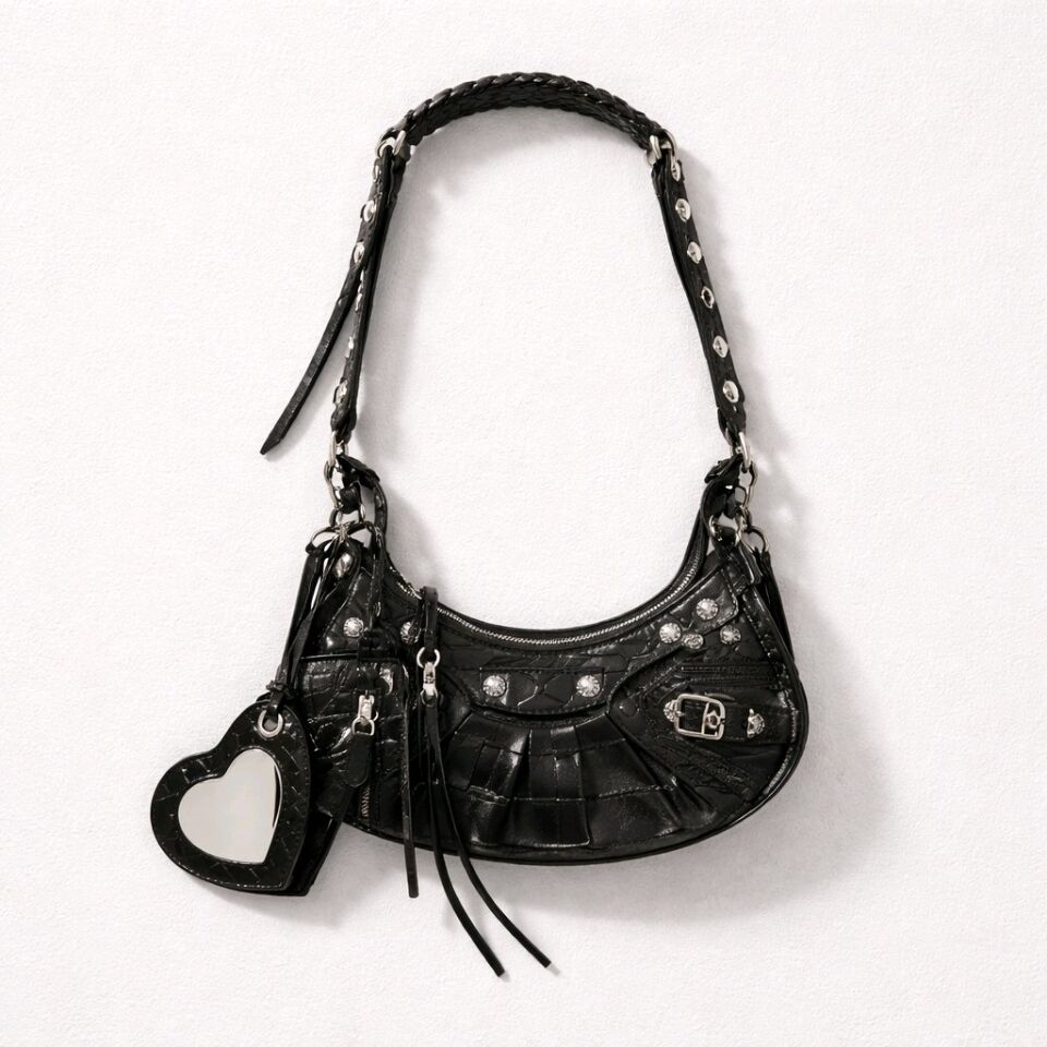 TİMSAH DERİSİ GÖRÜNÜMLÜ TAŞLI SİYAH KOL ÇANTASI