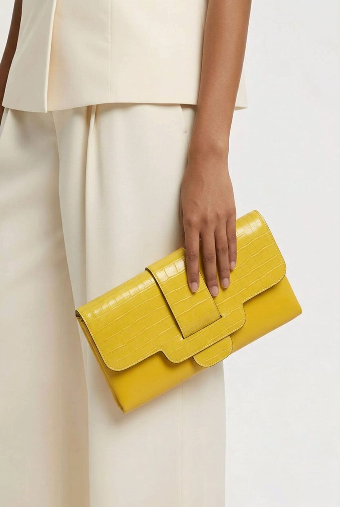 SARI TİMSAH DERİSİ KEMER DETAYLI EL KOL ÇANTASI