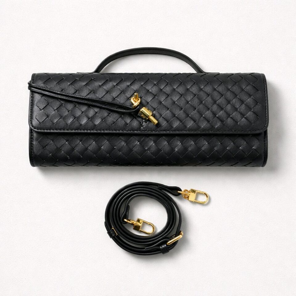 Örgü detaylı siyah pim tokalı el ve kol çantası