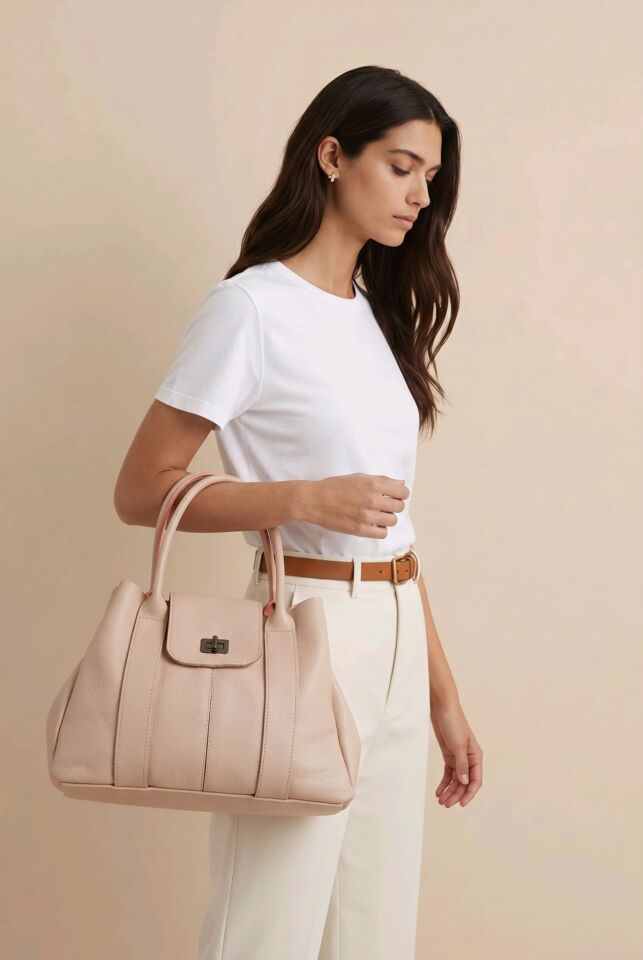 %100 DERİ PUDRA RENGİ EL KOL ÇANTASI