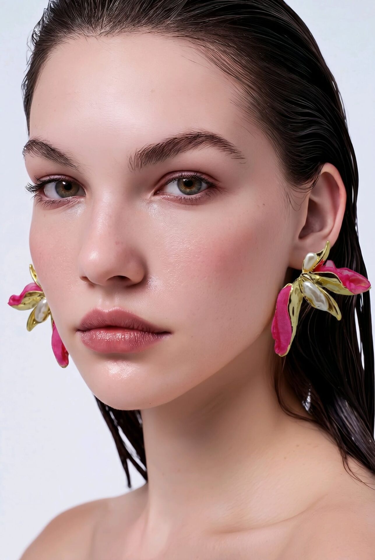 KUMAŞ VE İNCİ DETAYLI  PEMBE YAPRAK TASARIM KÜPE