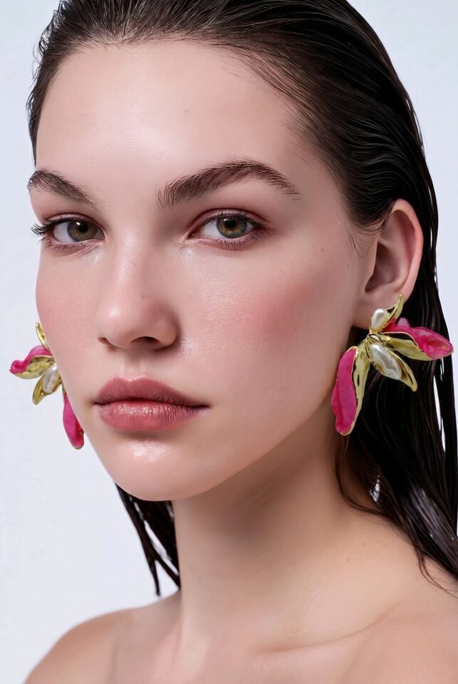 KUMAŞ VE İNCİ DETAYLI  PEMBE YAPRAK TASARIM KÜPE