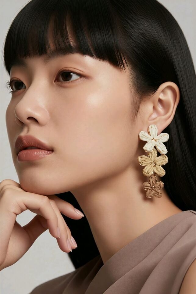 ÜÇ RENK BOHEM ÇİÇEK ŞELİNDE SALLANTILI KÜPE