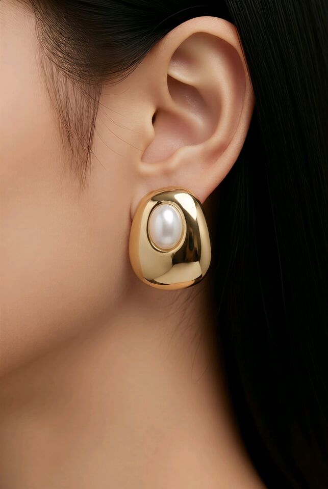 OVAL TASARIM GOLD İNCİLİ VİNTAGE KÜPE