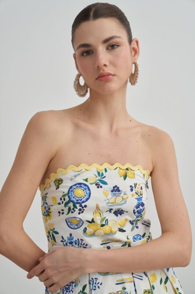 LİMON DESENLİ STRAPLEZ ELBİSE